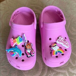 **SOLD** GUC Sz 2 Junior Pink Platform CROCS with Lisa Frank and Barbie Jibitz
